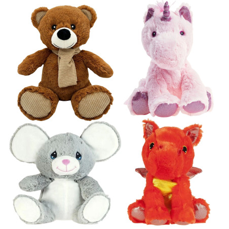 Présentation des quatres peluches bouillottes : licorne rose, dragonnet rouge, souris grise et ourson marron